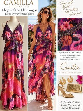 CAMILLA Flight of the Flamingo Ruffle Wrap High-Low Dress L NWT